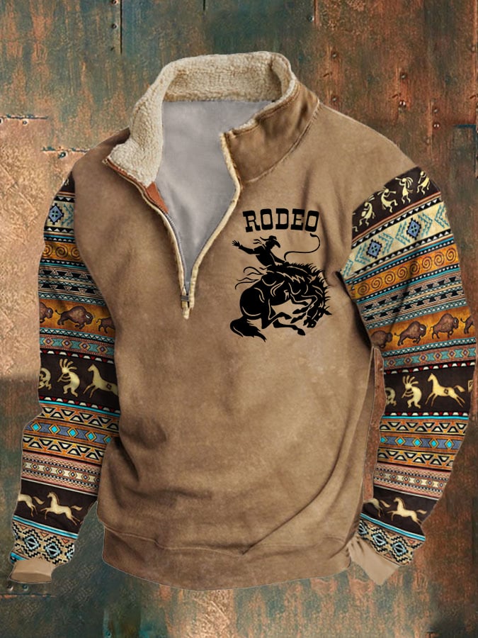 Sudadera con cuello de piel y paneles con estampado azteca de rodeo y vaquero occidental vintage para hombre 