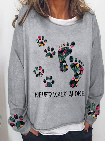 Suéter casual con estampado de huella de perro NEVER WALK ALONE para mujer 