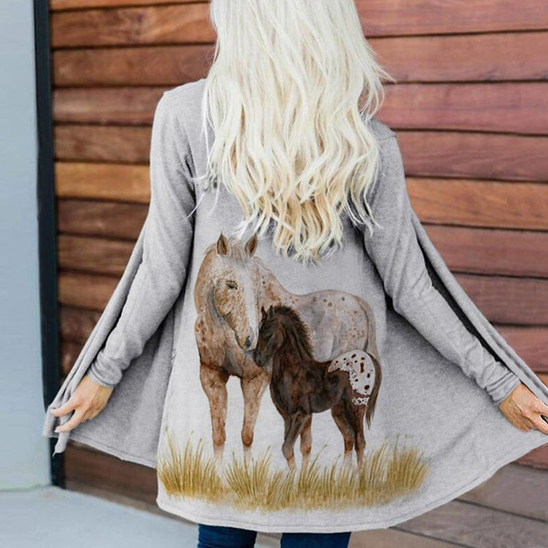 Western Horse Print Casual Long Sleeve Cardigan