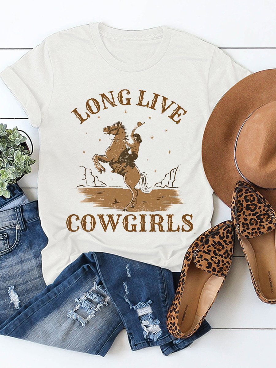 Women's Vintage Western Long Live Cowgirls Print T-Shirt