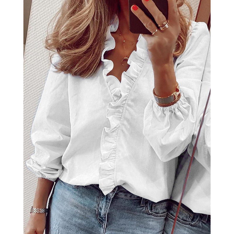 Wisherryy Casual Fashion Long-sleeved Ruffle Shirt