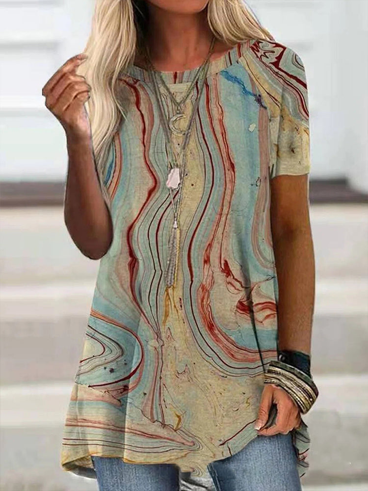 Wisherryy Loose Print Crew Neck Short Sleeve Tunic Top