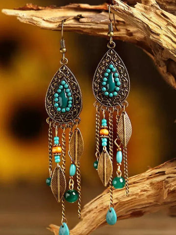 Retro Leaf Bead Tassel Water Drop Shaped Earrings