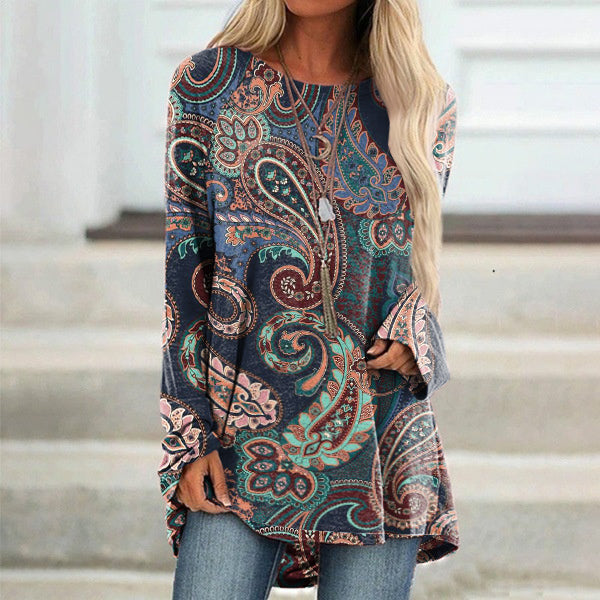 Vintage Floral Print Long Sleeve Casual Tunic