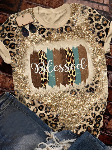 Blessed Leopard Sequin Print Short Sleeve T Shirt