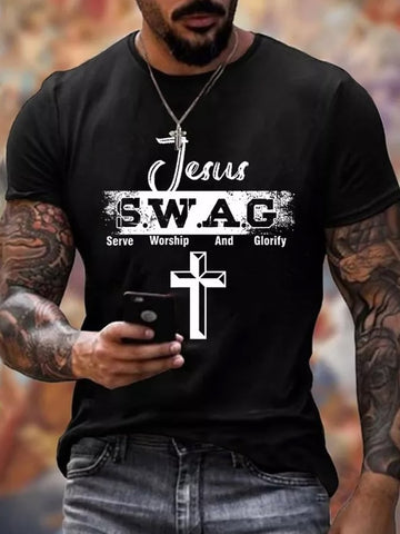 Camiseta informal con estampado de Jesús SWAG Serve Worship And Glorify para hombre 