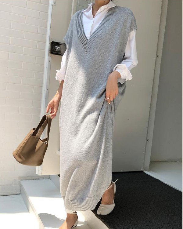 🔥Christmas Sale 🎁🎄-50% OFF-Knitting Loose V-Neck Sleeveless Long Dress