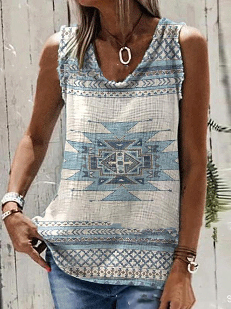 Wisherryy Ethnic Printed Casual V-Neck Ladies Vest