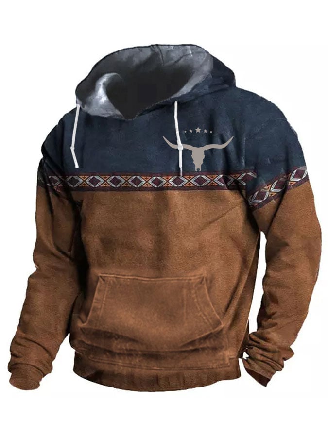 Sudadera con capucha y bolsillo con estampado étnico occidental vintage para hombre 