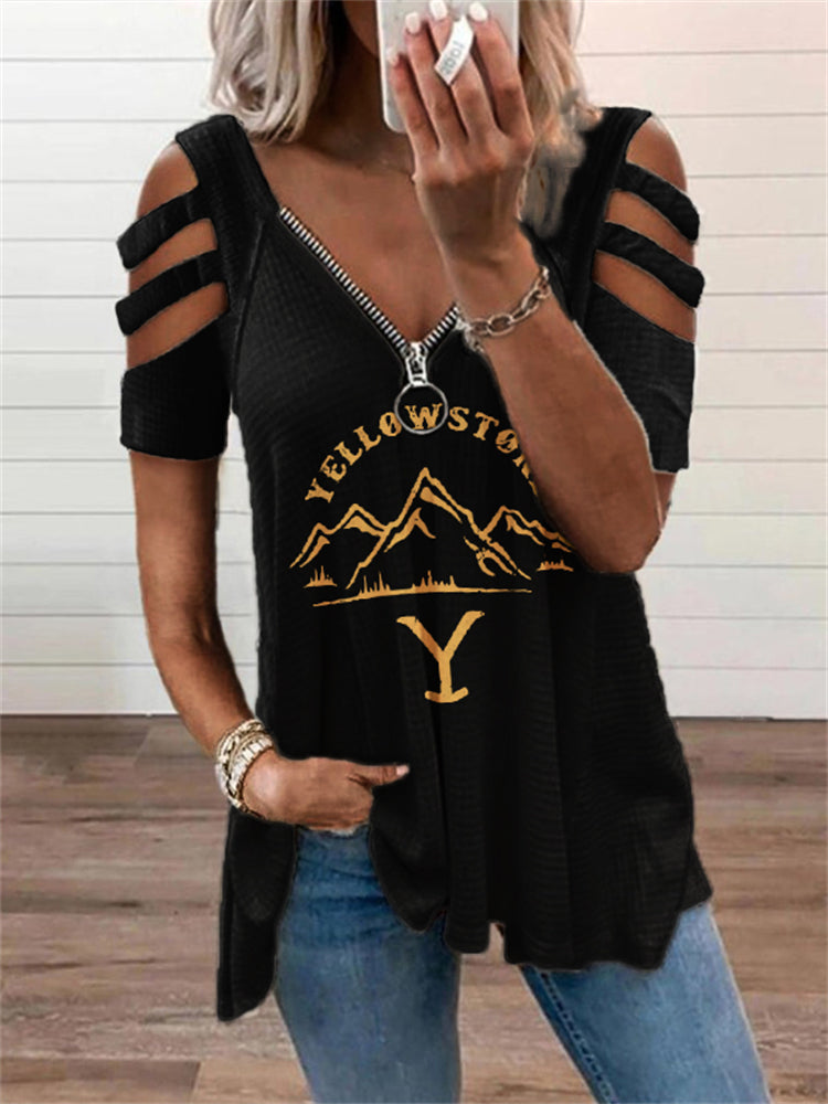 Western Logo Graphic Hollow Shoulder T Shirt