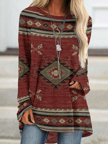 Western Print Casual Crew Neck Long Sleeve Tunic