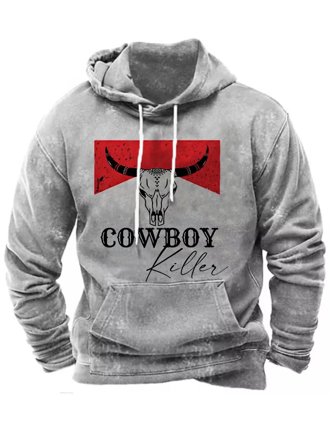 Men's Vintage Western Bull Skull Cowboy Casual Hoodie