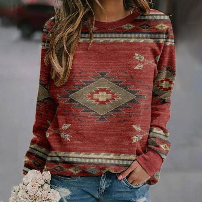 Western Print Crew Neck Long Sleeve Sweatshirt