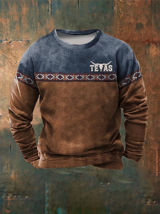 Sudadera con estampado geométrico vintage del oeste de Texas Longhorn para hombre 