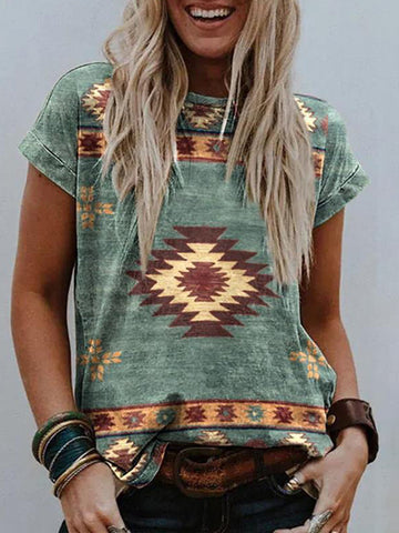 Wisherryy Ethnic Print Short Sleeve T-Shirt