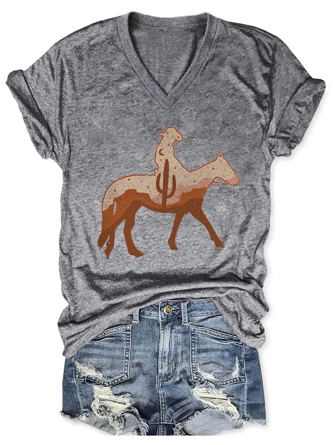 Camiseta informal con estampado de caballos del oeste para mujer 