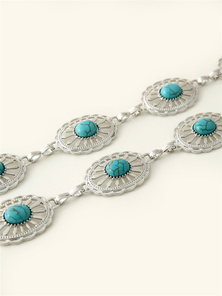 Wisherryy Western Turquoise Vintage Carved Chain Belt