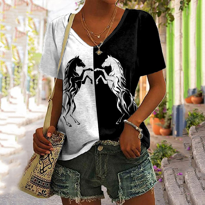 Casual Colorblock Horse Print T-Shirt