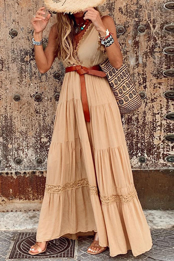 High waist V-neck splicing elegant mid-length dress dress