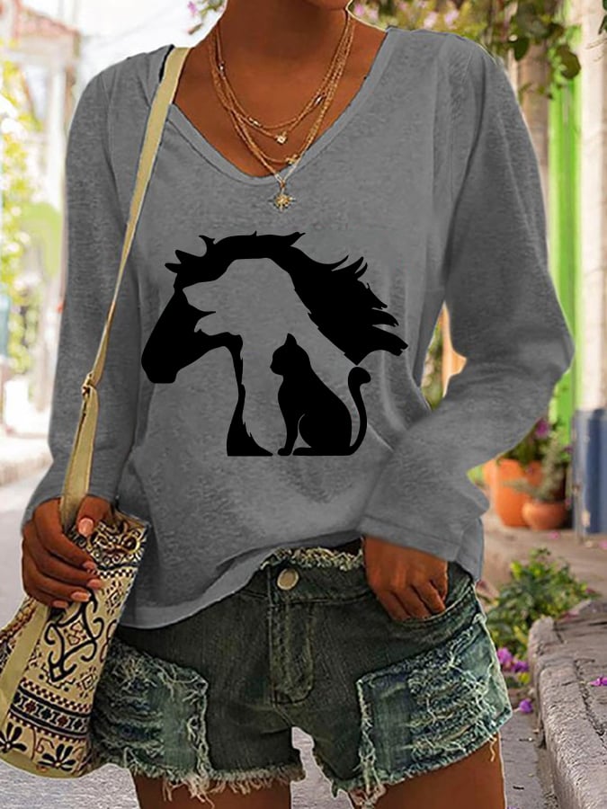 Women's Funny Horse Dog Cat Print Long Sleeve T-Shirt