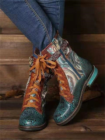 Vintage Floral Carved Patchwork Ankle Boots