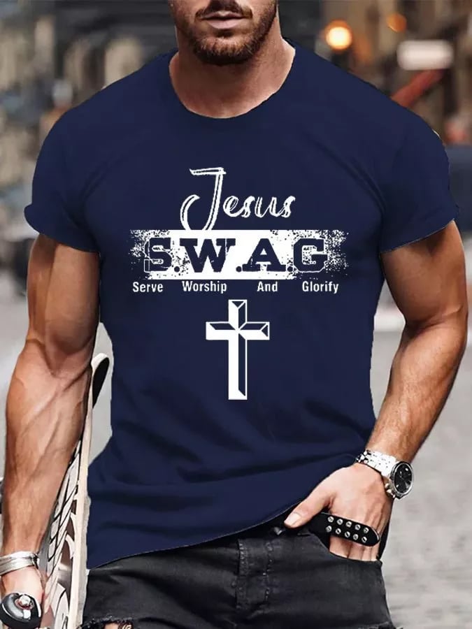 Camiseta informal con estampado de Jesús SWAG Serve Worship And Glorify para hombre 