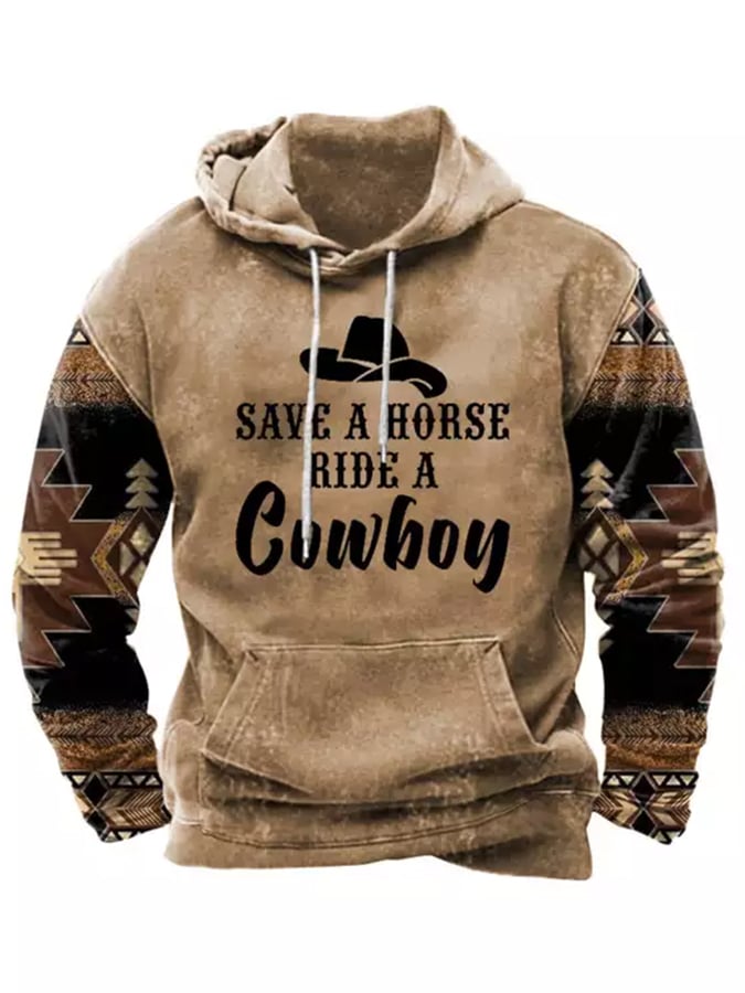 Suéter casual con capucha y estampado de vaquero estilo étnico occidental para hombre SAVE A HORSE RIDE A 