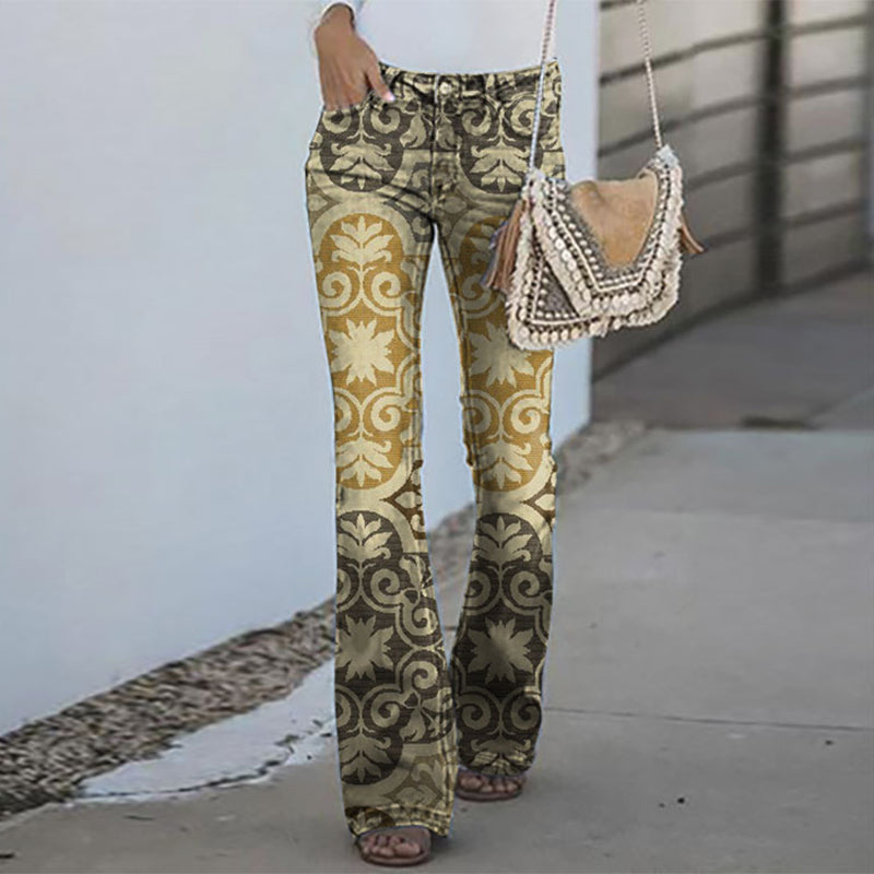 Vintage Western Ethnic Print Faux Denim Pants