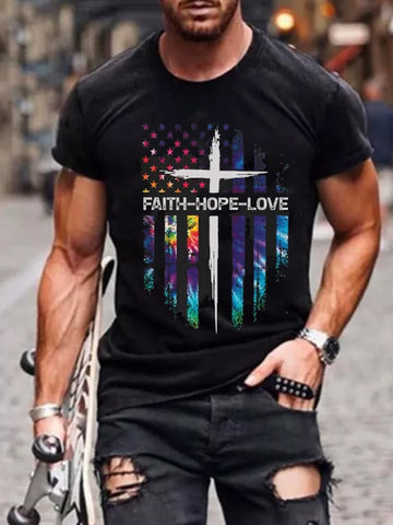 Camiseta informal con estampado de cruz y bandera de fe, esperanza y amor para hombre 