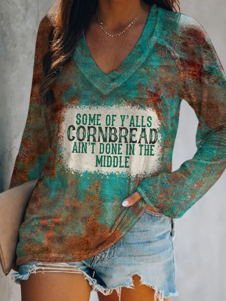 Vintage Print V-Neck Long Sleeve T-Shirt