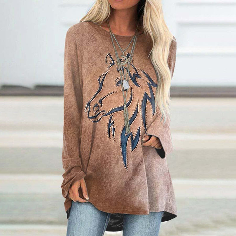 Western Horse Print Crew Neck Long Sleeve Tunic