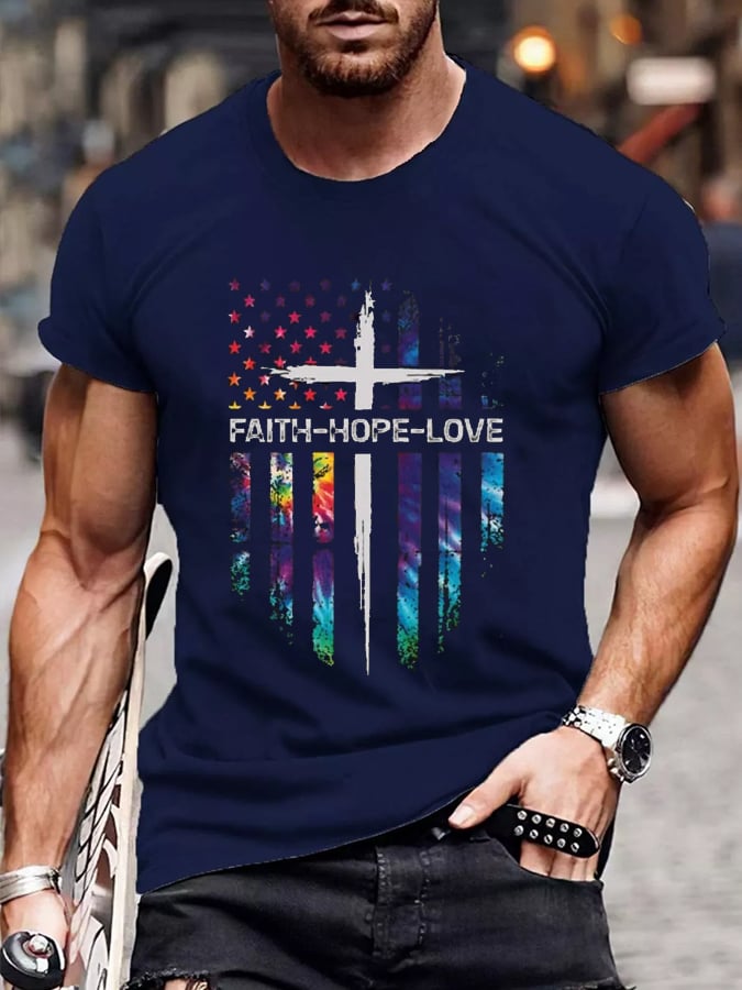 Camiseta informal con estampado de cruz y bandera de fe, esperanza y amor para hombre 