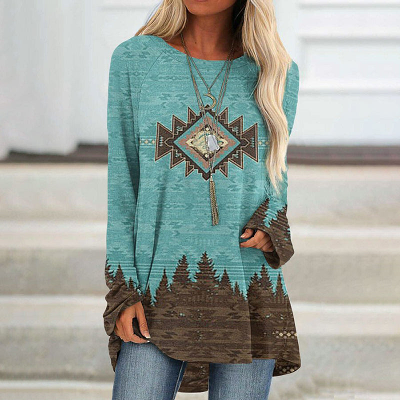 Western Print Casual Long Sleeve Tunic