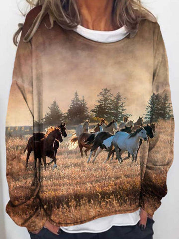 Western Horse Print Crew Neck Loose Casual Sweatshirt