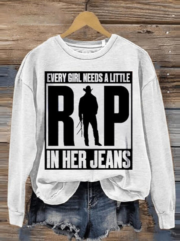 Retro Every Girl Needs A Little Rip In Her Jeans Art Print Crew Neck Casual Sweatshirt