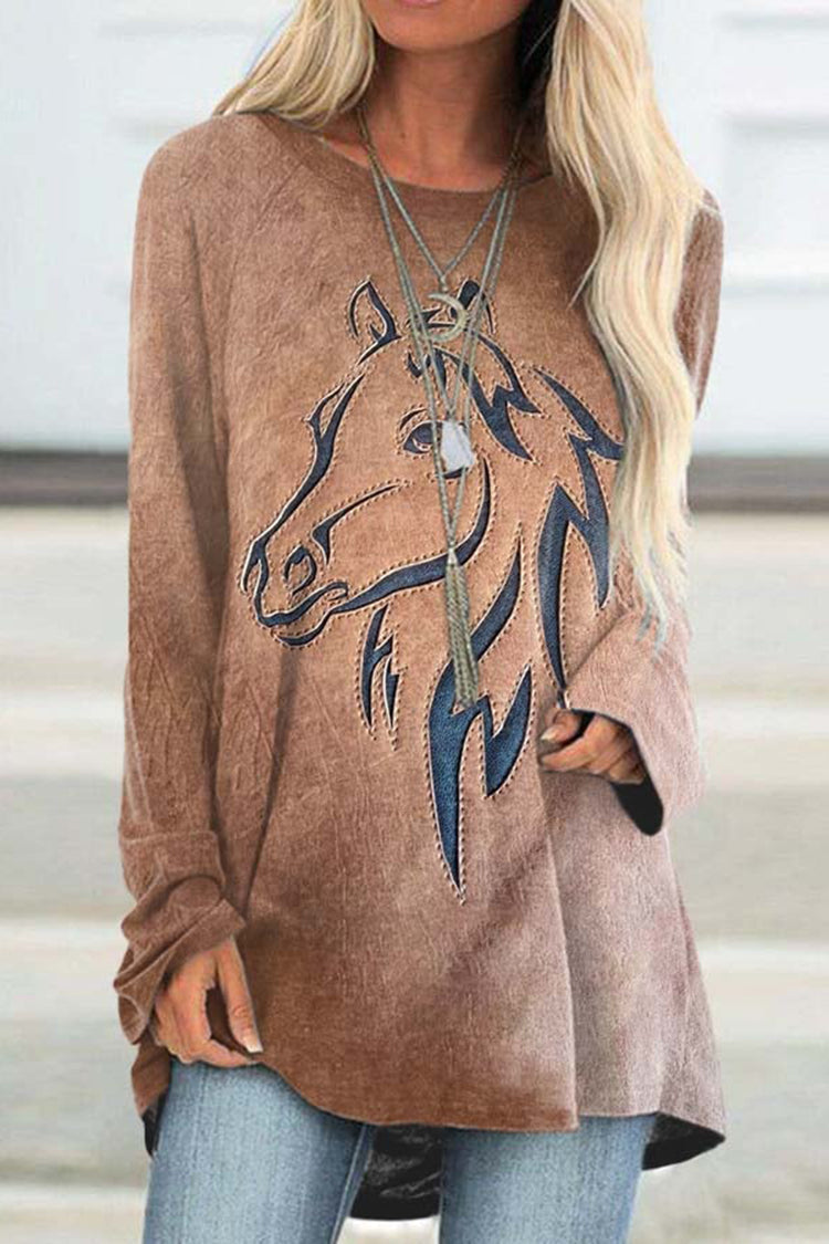 Western Horse Print Crew Neck Long Sleeve Tunic