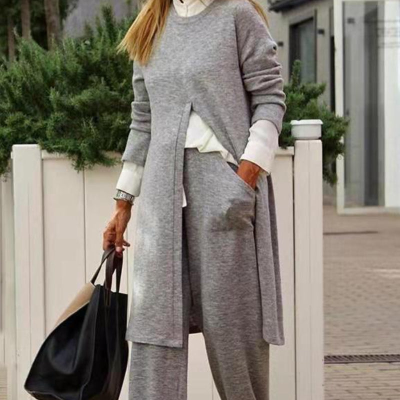 🔥Christmas Sale 🎁🎄-50% OFF-Casual Solid Color Slit Swaetshirt Two-piece Set