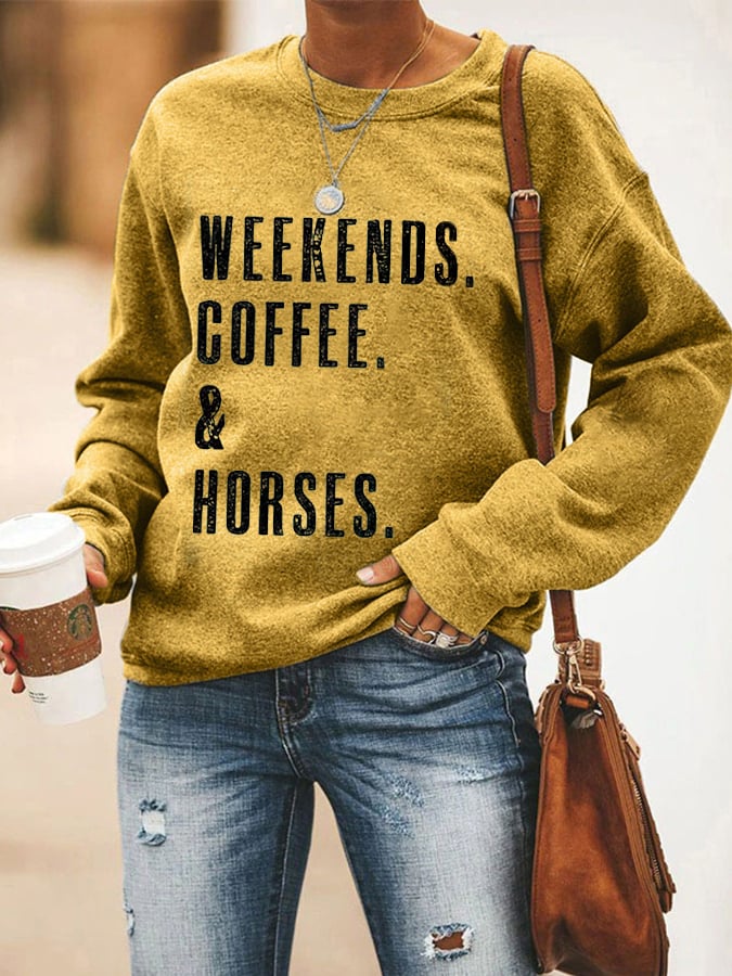 Sudadera retro con estampado de amantes de los caballos para mujer WEEKENDS. COFFEE. &amp; Horses 