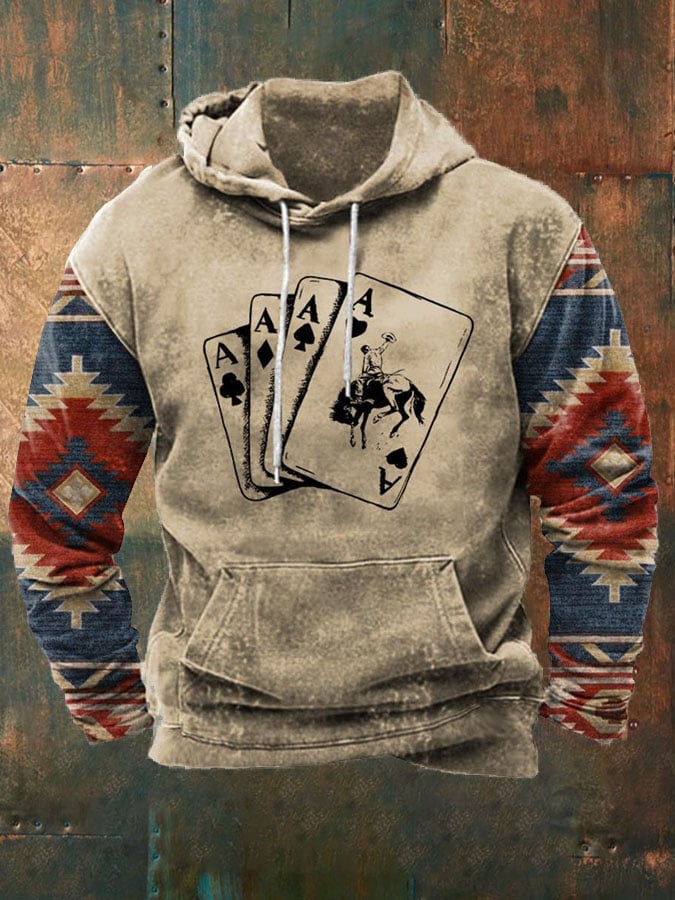 Men's Vintage Ethnic Cowboy Playing Cards Western Print Hoodie