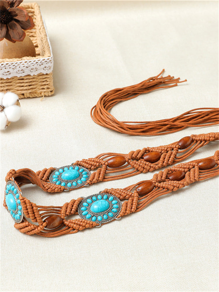 Wisherryy Western Turquoise Hand Woven Beaded Belt