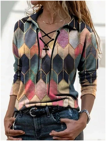 Loose Printed Long-Sleeved Tie V-Neck T-Shirt