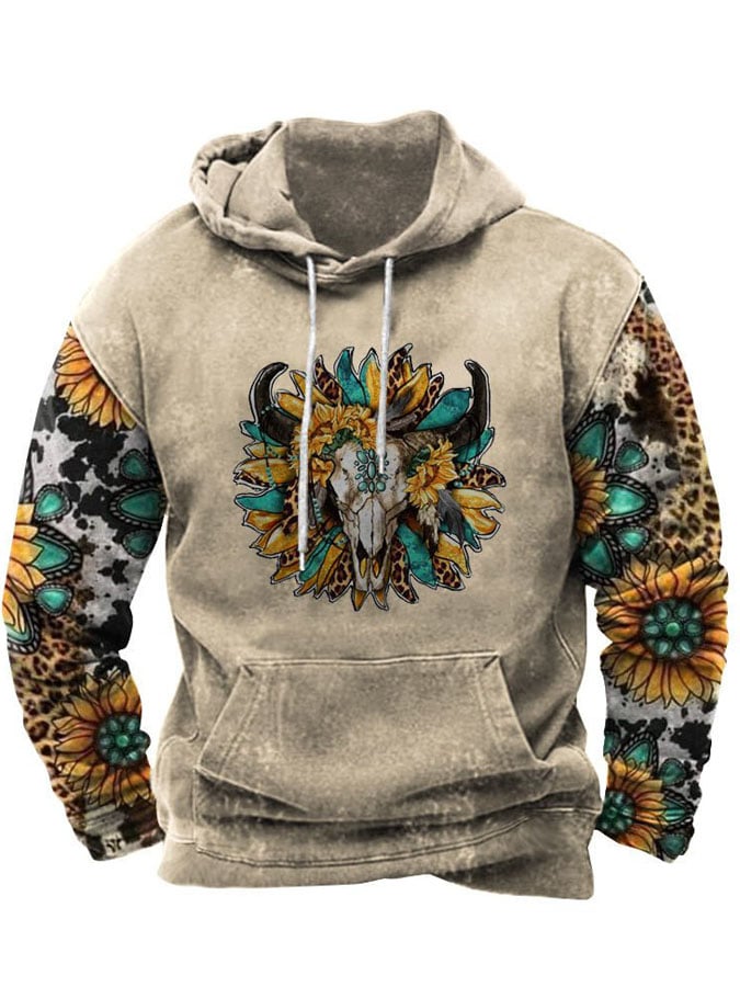 Sudadera con capucha de manga larga con estampado casual estilo western vintage para hombre 