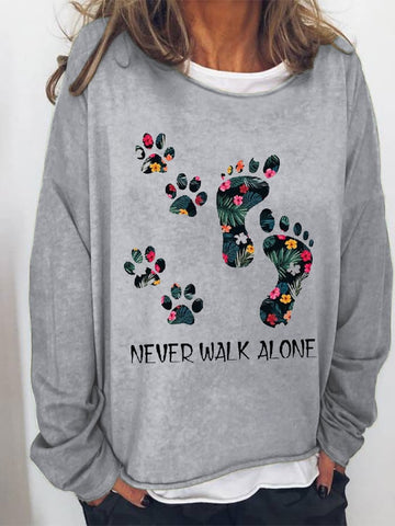 Women's NEVER WALK ALONE Dog Paw Printed Casual Sweater