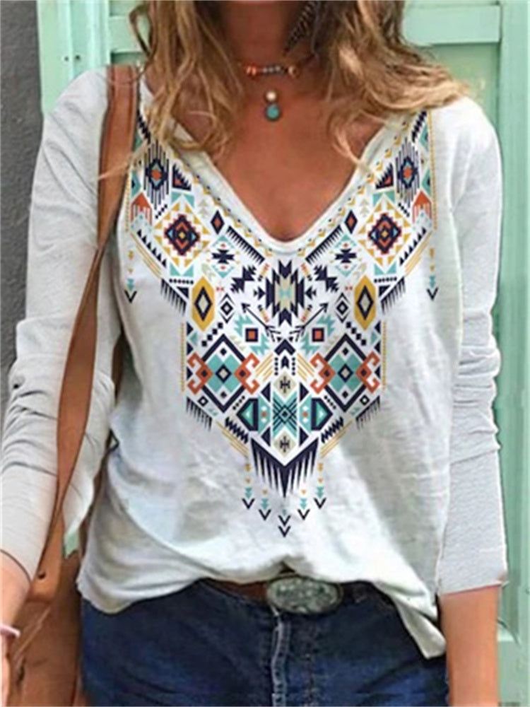 Ethnic Aztec Inspired V Neck T Shirt