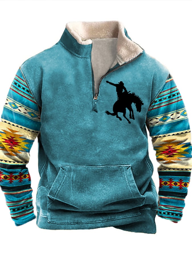 Sudadera con cuello de piel y paneles con estampado de silueta de vaquero occidental vintage para hombre 