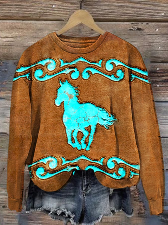 Women'S Western Horse Art Print Long Sleeve Sweatshirt