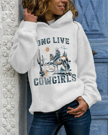 Women's Long Live Cowgirls Print Casual Hoodie