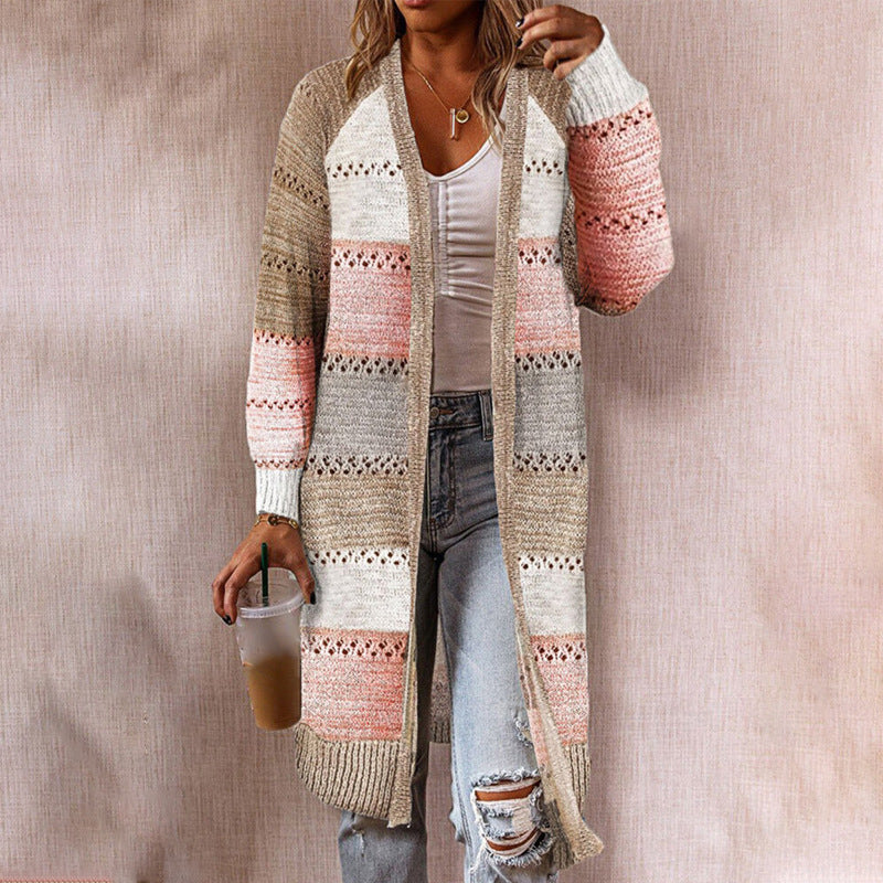 Fashion Color Matching Mid-length Sweater Cardigan