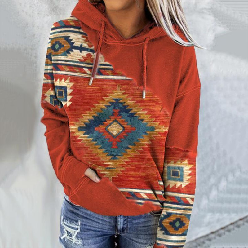 Wisherryy Casual Printed Loose Long-Sleeved Hooded Sweatshirt