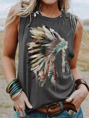 Indian Feather Headdress Print Tank Top